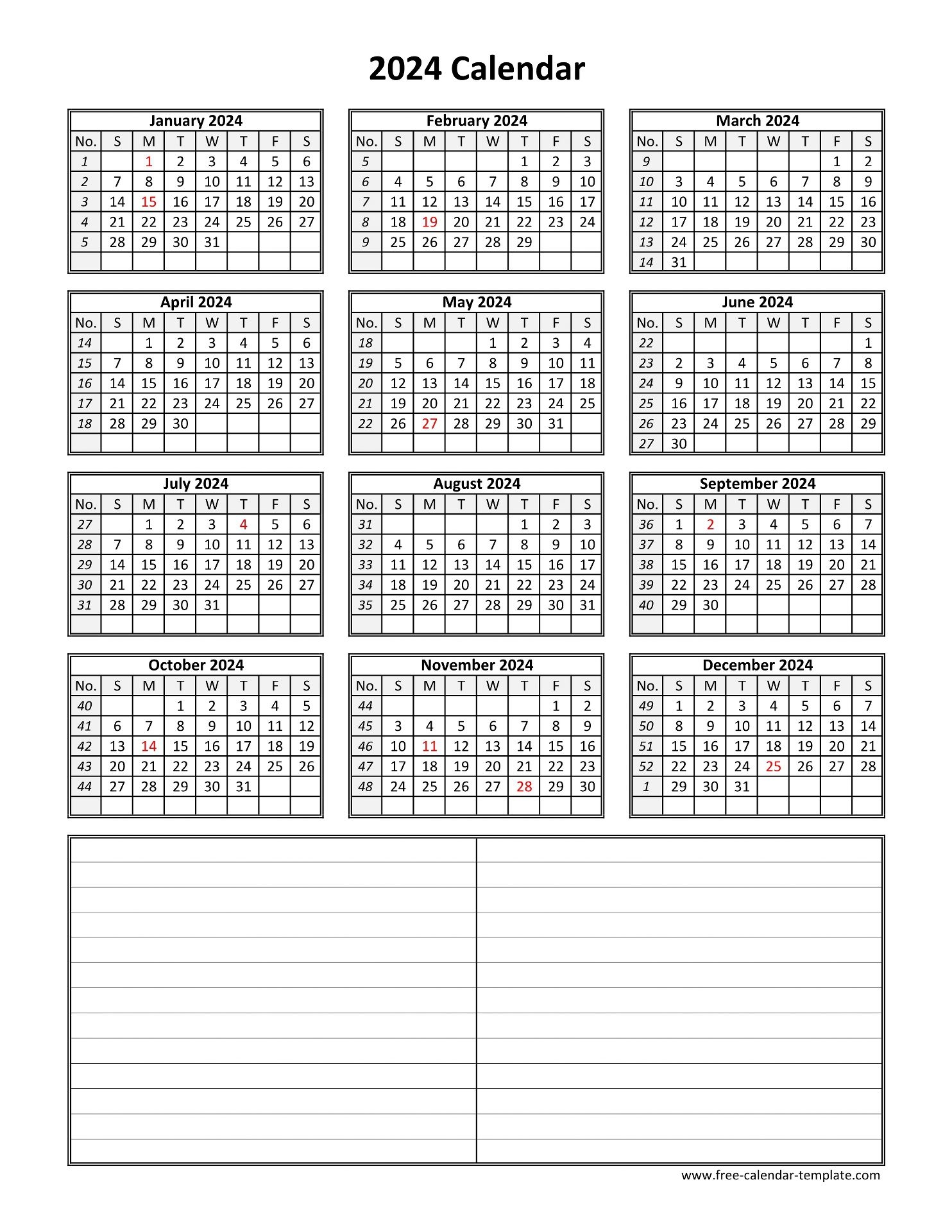 Yearly 2024 Printable Calendar With Space For Notes Free calendar template 