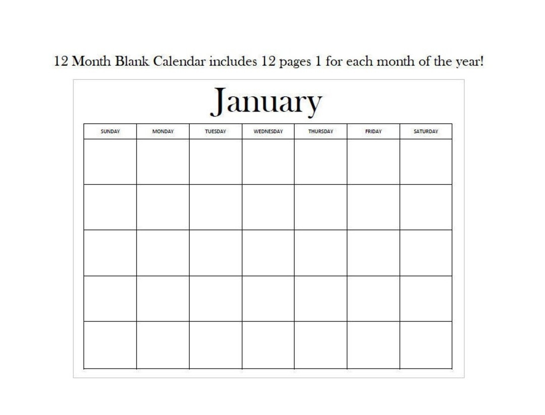 12 Month Blank Calendar Standard Design Digital Download Instant Download 12 Pages 11 X 8 5 Page Landscape Etsy