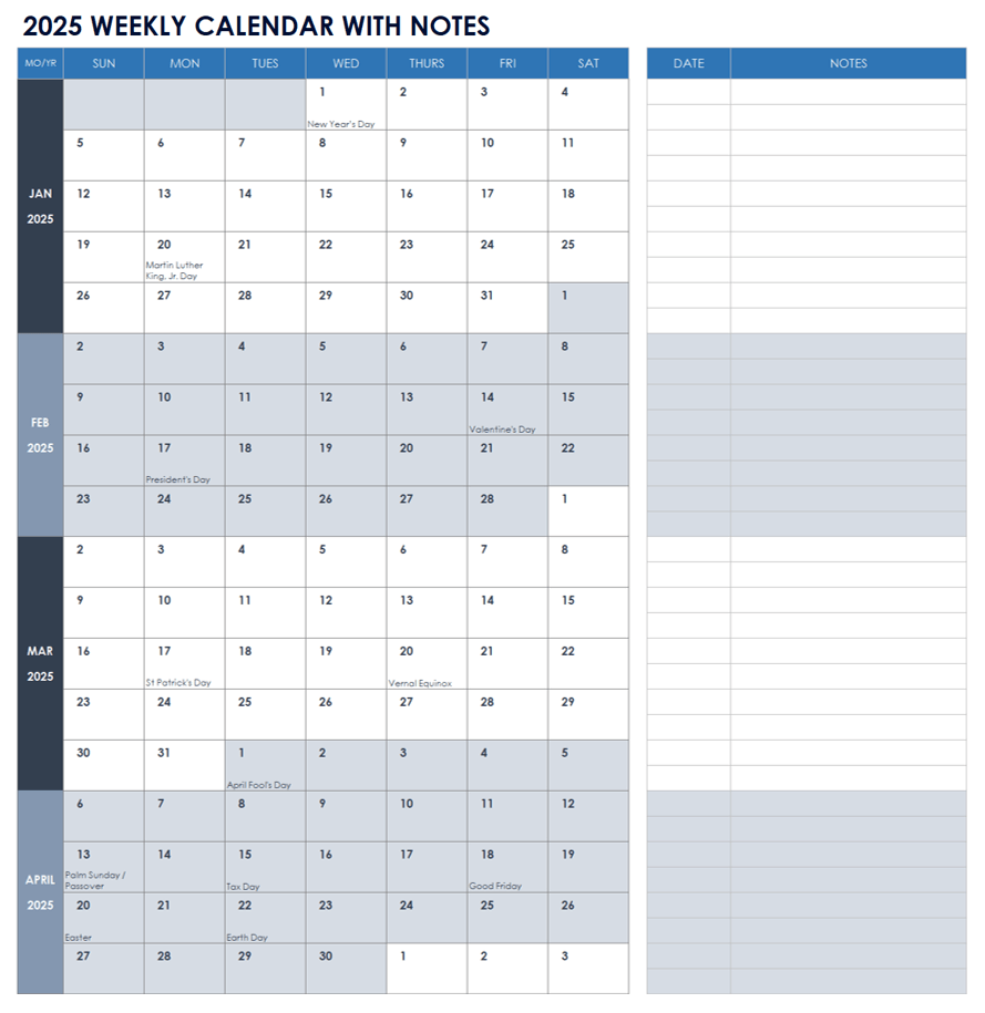 Weekly Calendar Printable 2025