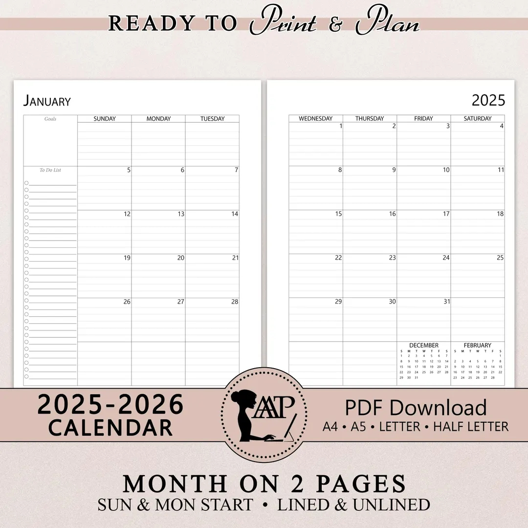 2025 2026 monthly calendar printable two 2 page lined unlined planner insert sunday monday start a4 a5 letter half size pdf clp01 02 etsy