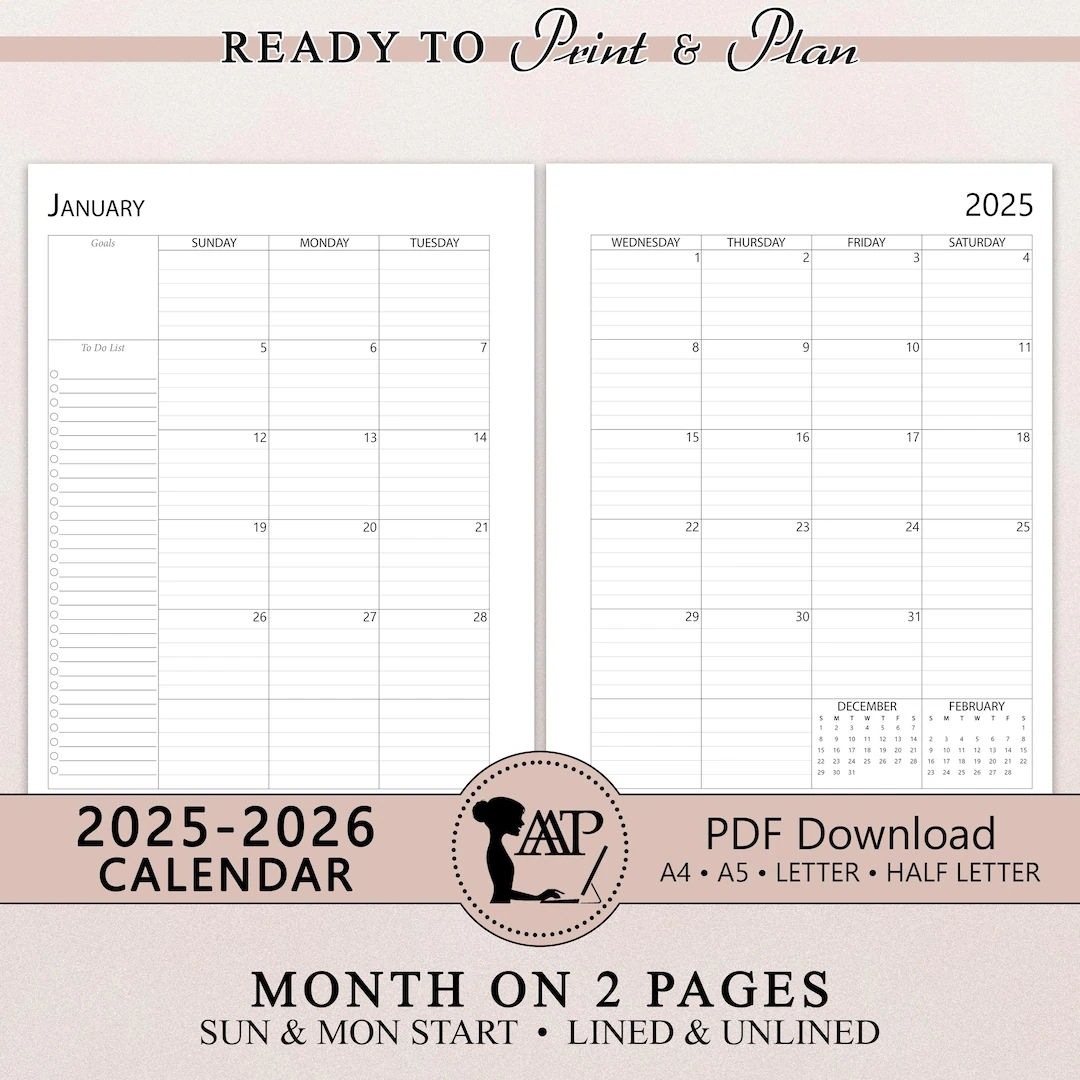 2025 2026 Monthly Calendar Printable Two 2 Page Lined Unlined Planner Insert Sunday Monday Start A4 A5 Letter Half Size PDF CLP01 02 Etsy