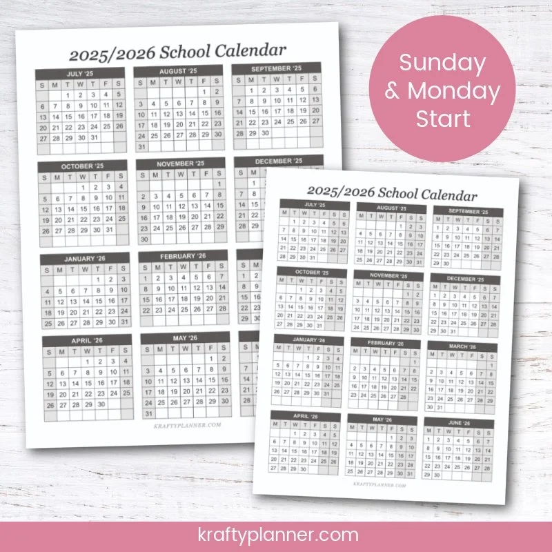 2025 2026 School Calendar Printables Krafty Planner