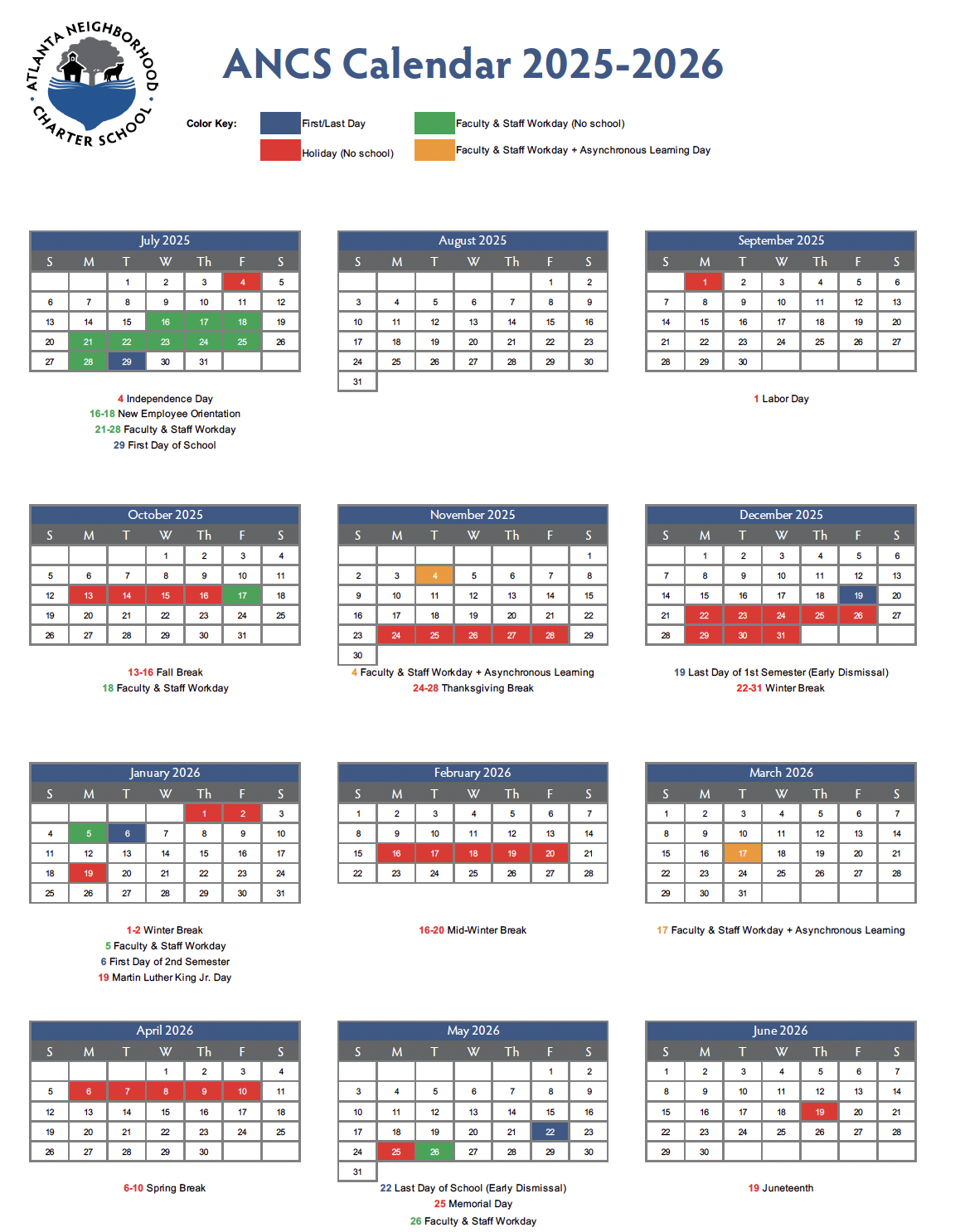 2025-2026 Printable School Calendar
