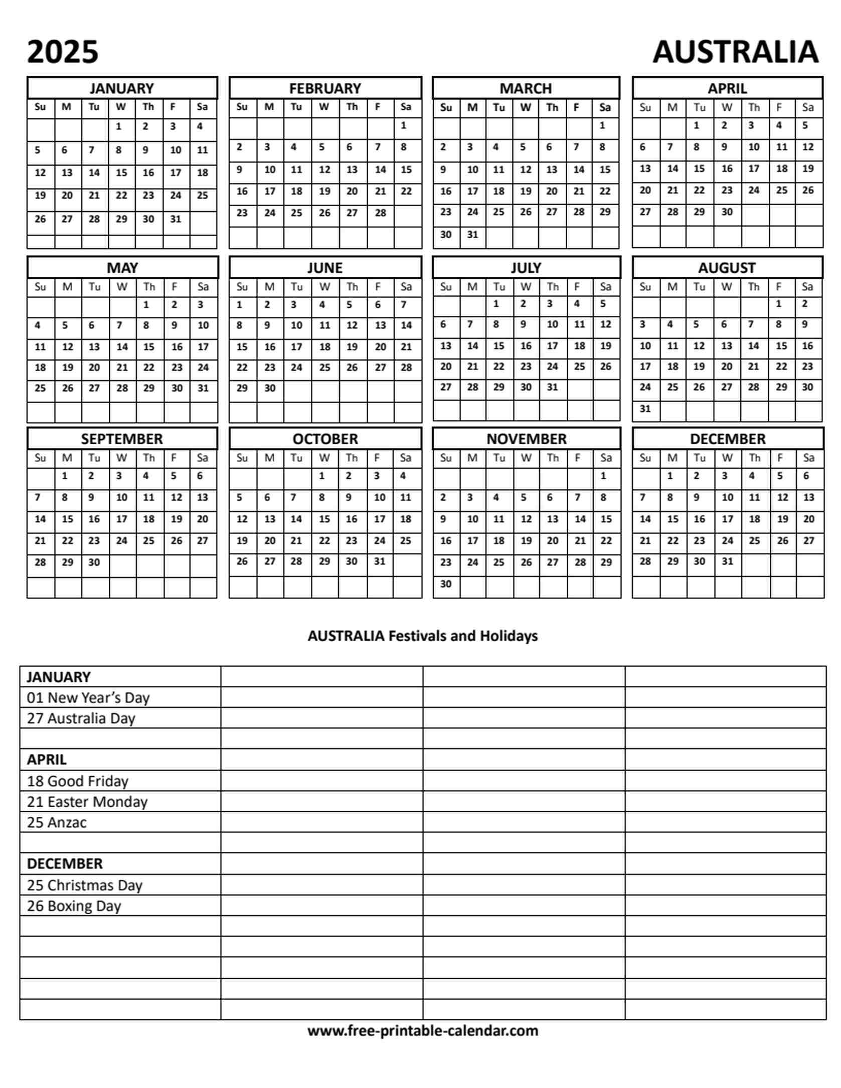 Calendar Australia 2025 Printable