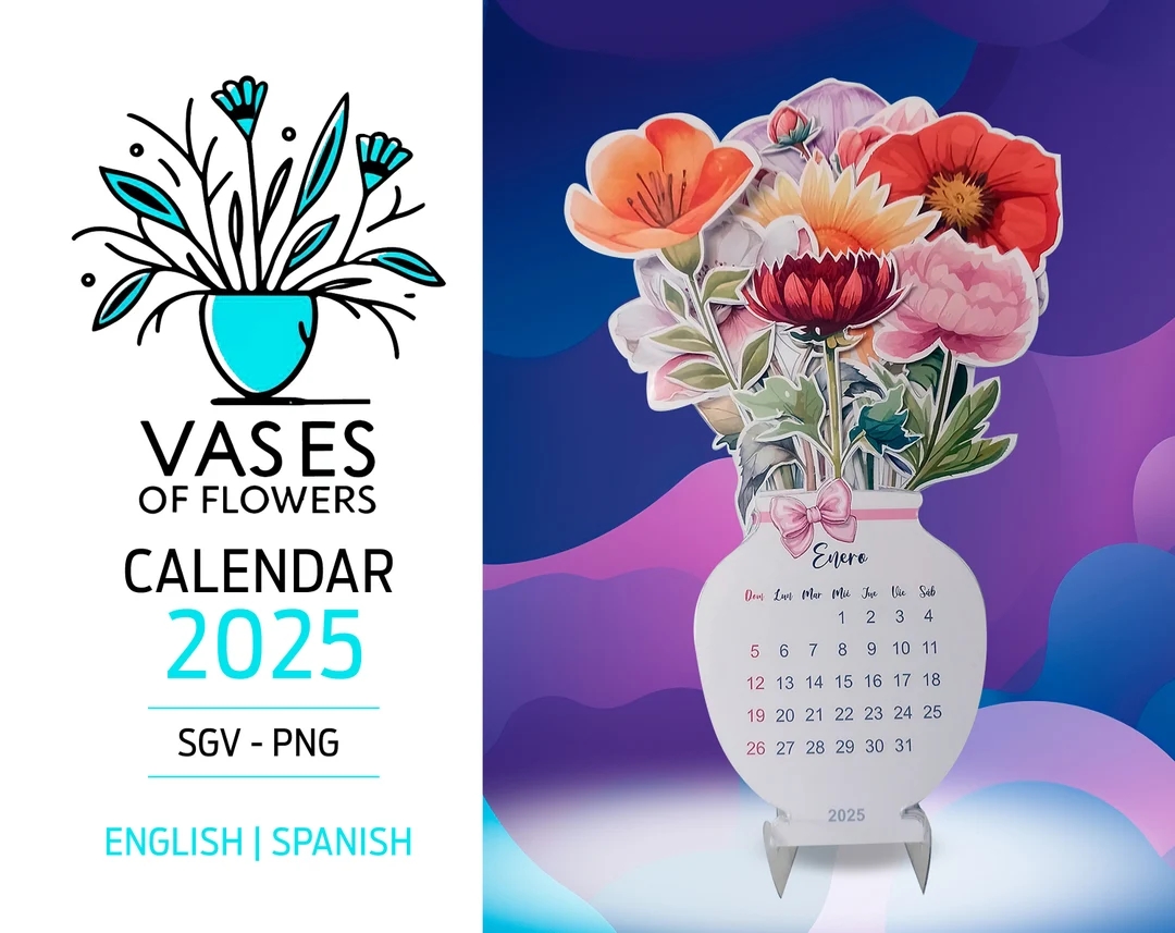 2025 Calendar Beautiful Die Cut Flower Vase Png And Svg Format English Spanish Commercial Use Etsy