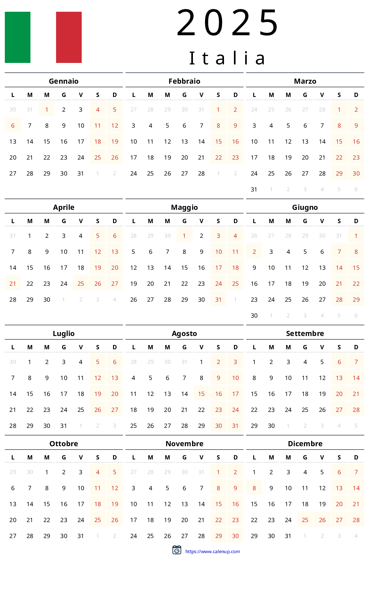 Printable Italian Language Monthly Calendar 2025