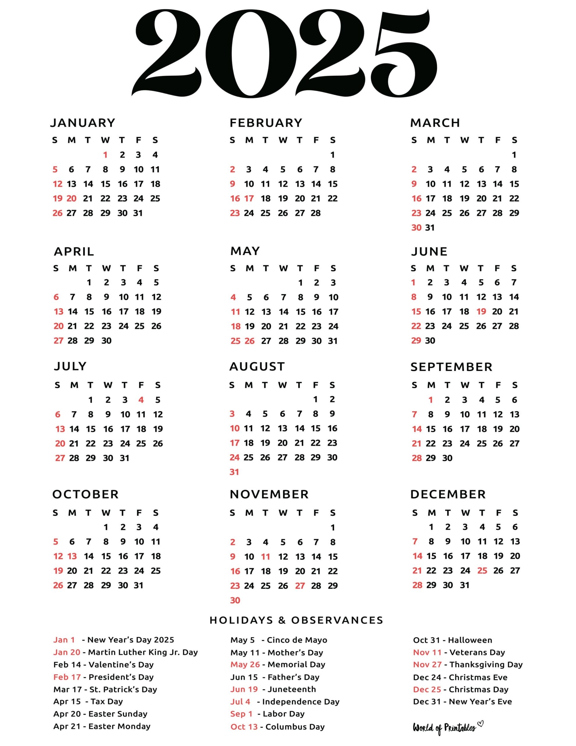 2025 Calendar With Holidays Free Printables In 28 Unique Styles World Of Printables
