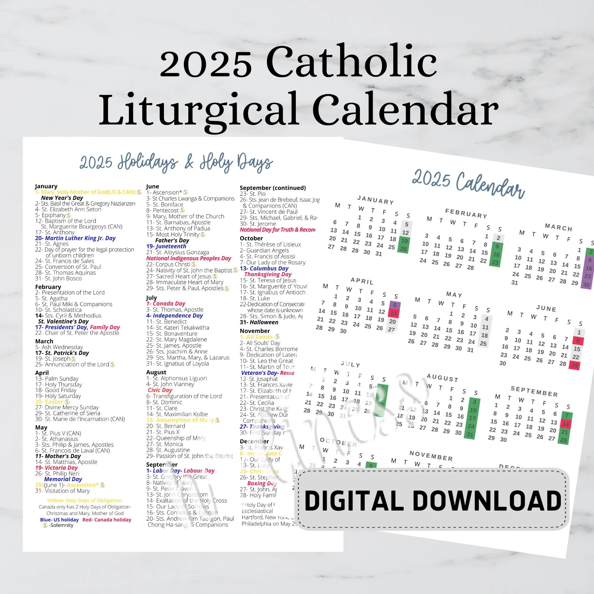 2025 catholic calendar digital download etsy