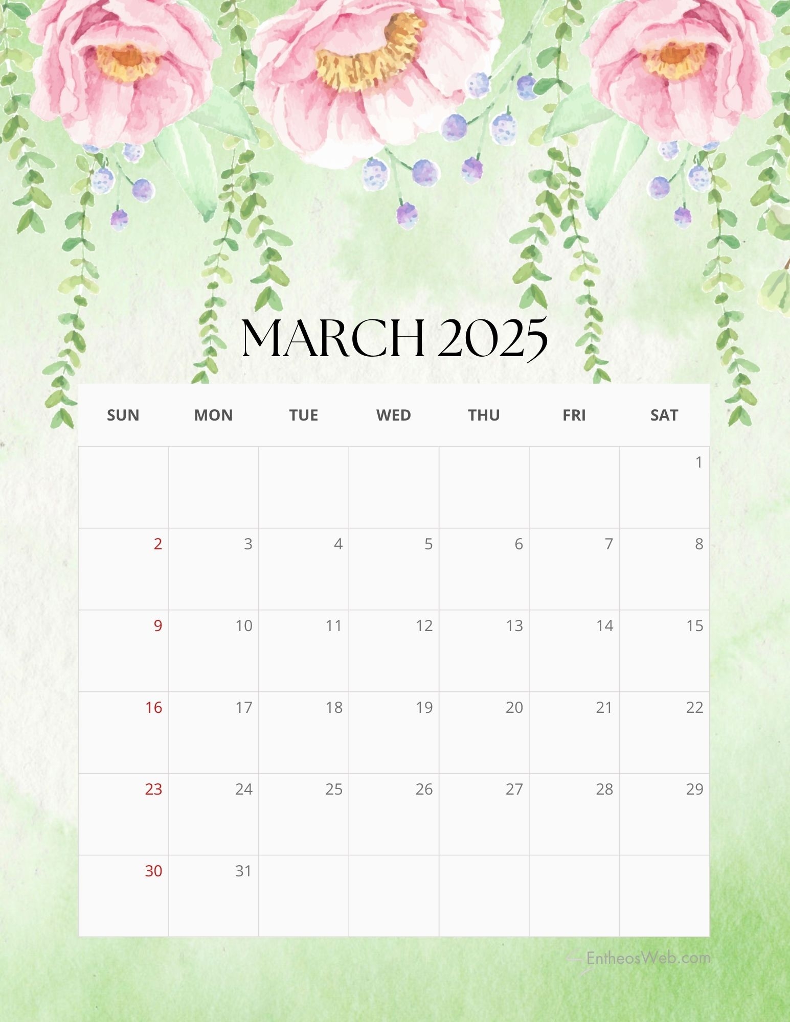 2025 Floral Monthly Calendar Free PDF Printable EntheosWeb