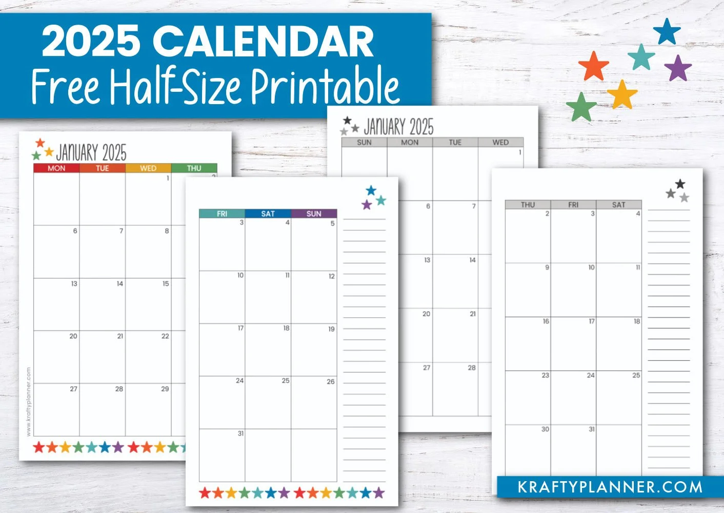 2025 half size calendar free printable krafty planner