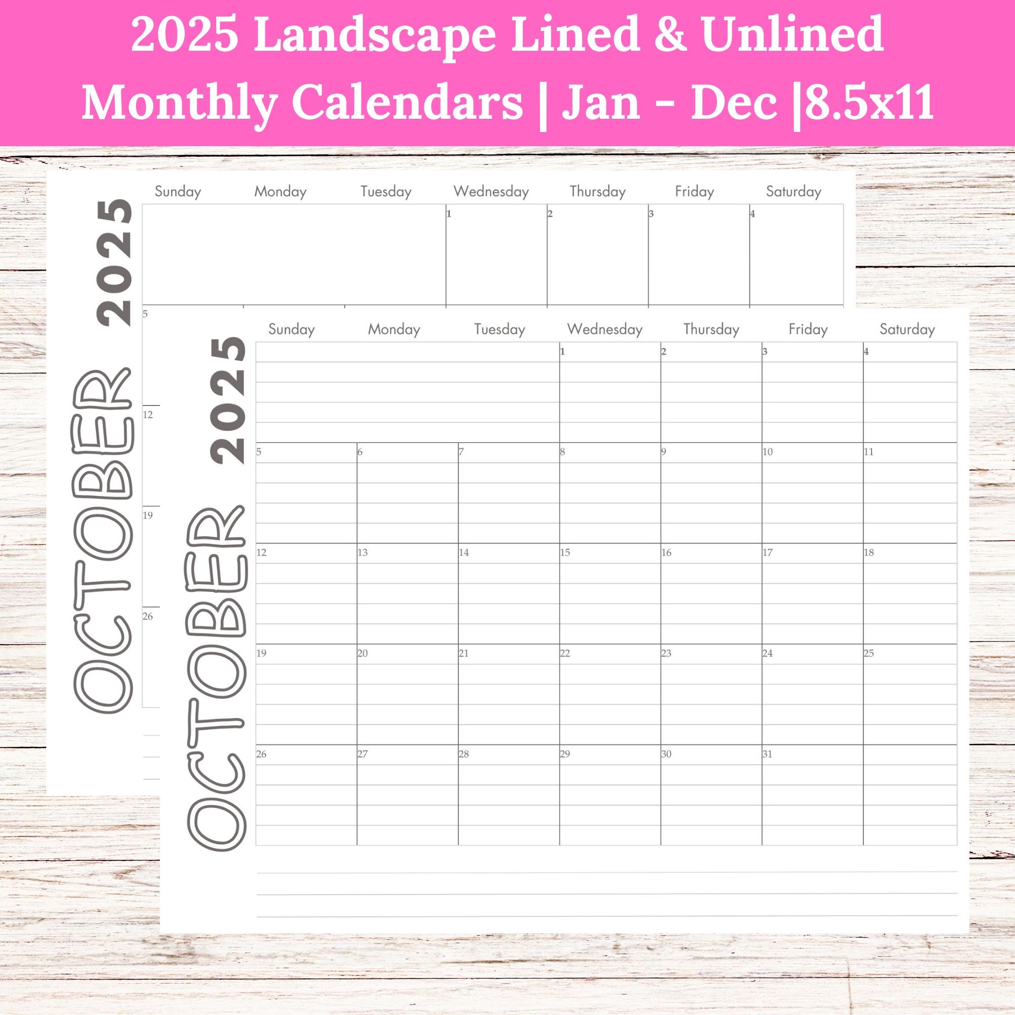 2025 Landscape Lined Unlined Monthly Calendars Jan Dec PDF Printable Download 2025 Landscape Lined Unlined Monthly Calendars Jan Dec PDF Printable Download