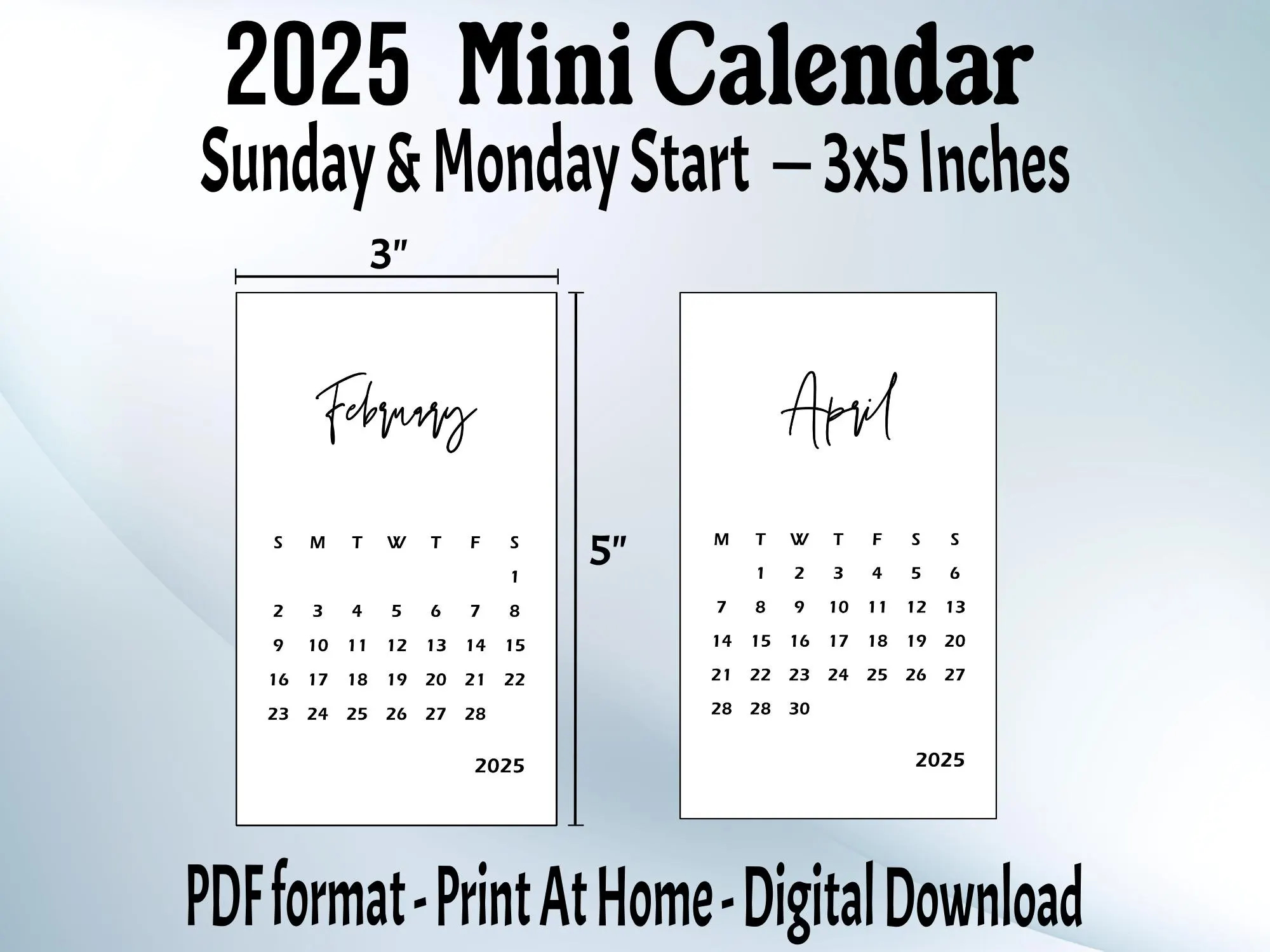 2025 mini calendar printable pdf 3 x 5 inches small calendar sunday and monday start digital download etsy