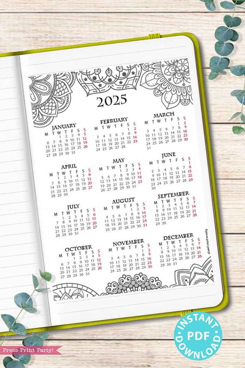 2025 One Page Calendar At a glance Printable Mandala