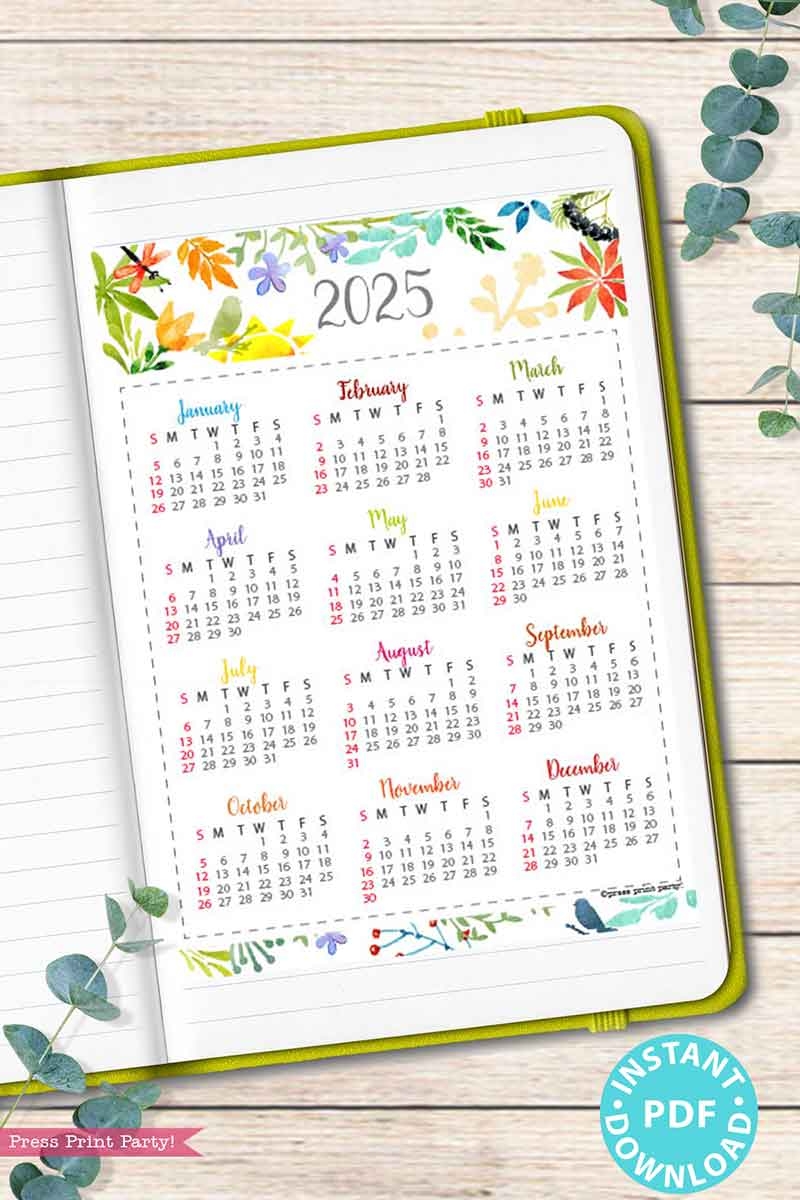2025 one page calendar at a glance printable watercolor 2025 one page calendar at a glance printable watercolor