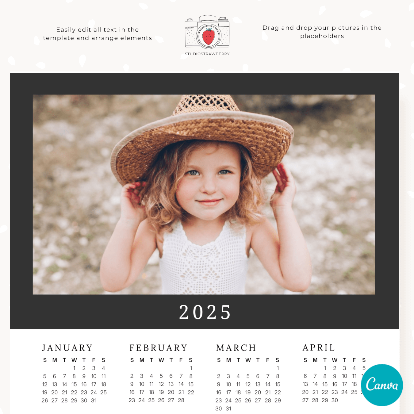 2025 Photo Calendar Template For Canva Photoshop Strawberry Kit