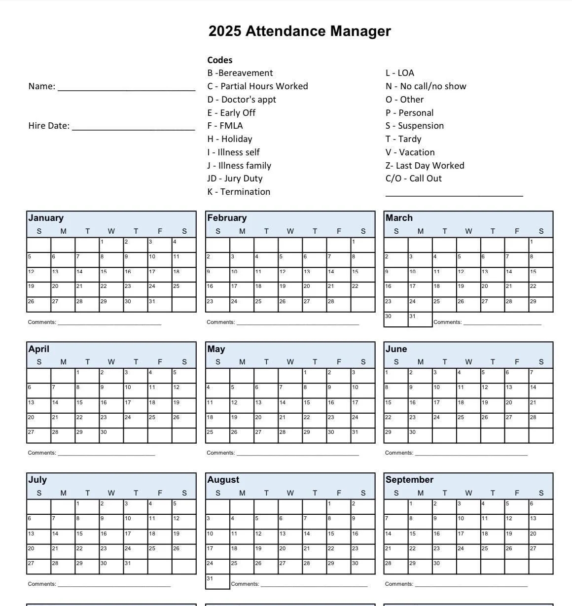 2025 Printable Calendar For Employee Attendance School PTO Schedule Time Off Tracker Small Business Data Vacation Tracker Days Off Etsy