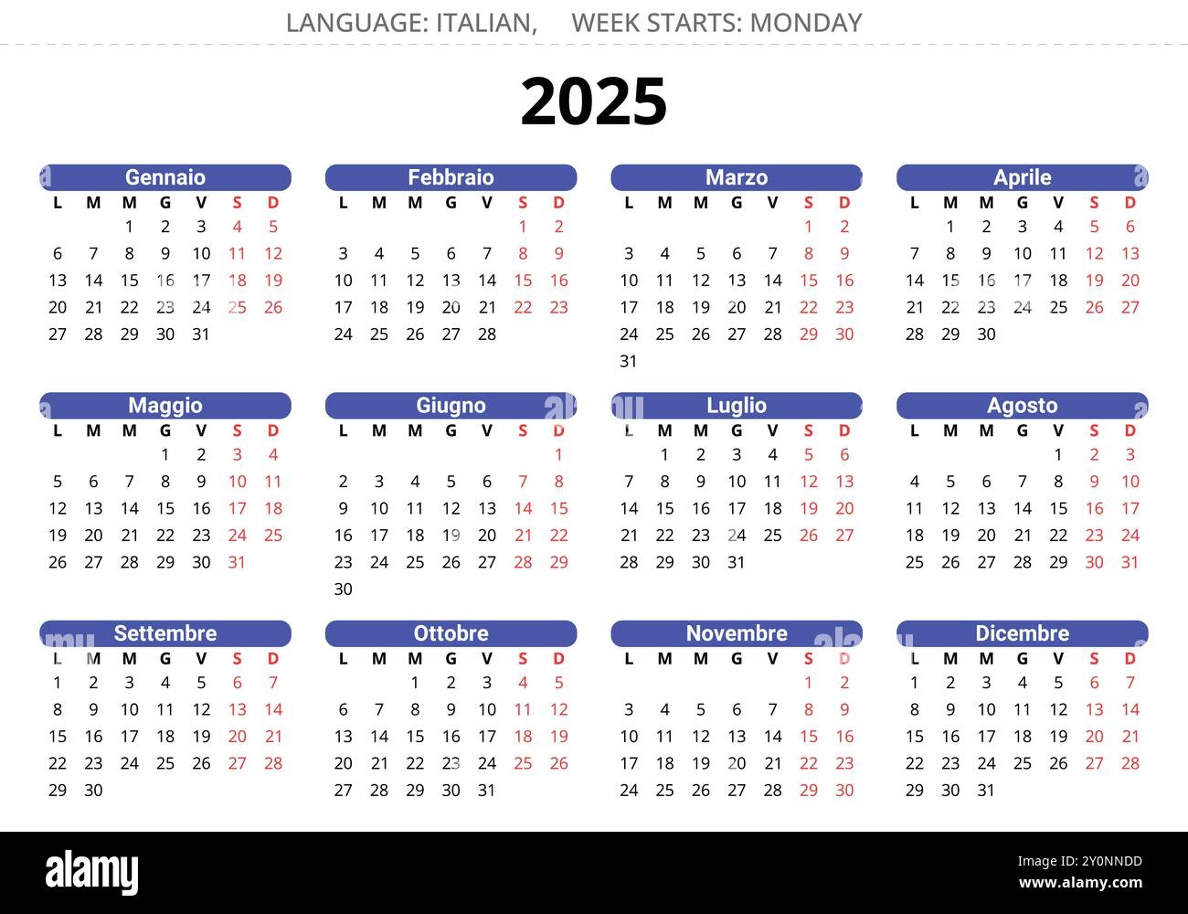 2025 Year Calendar Italian Language With 12 Months Printable Vector Illustration For Italy Stock Vector Image Art Alamy