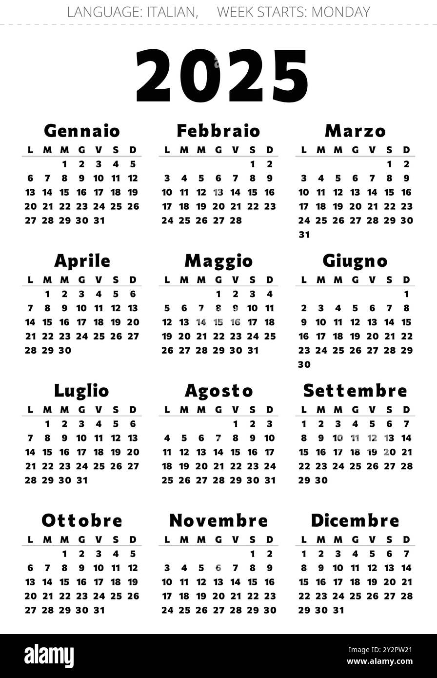 2025 Year Calendar Italian Language With 12 Months Printable Vector Illustration In Black Color For Italy Stock Vector Image Art Alamy