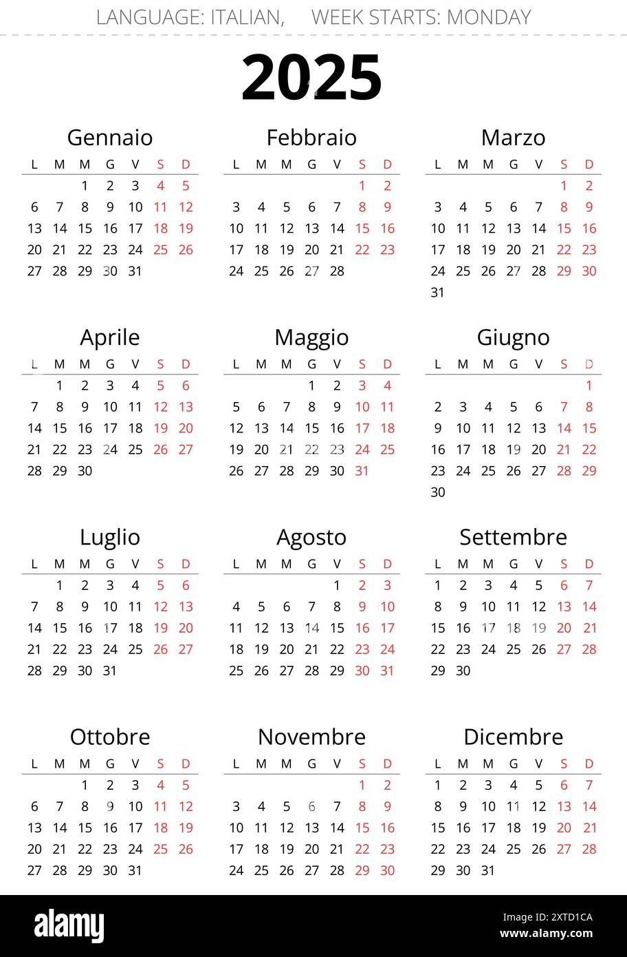 2025 Year Italian Calendar Printable Vector Illustration For Italy Stock Vector Image Art Alamy