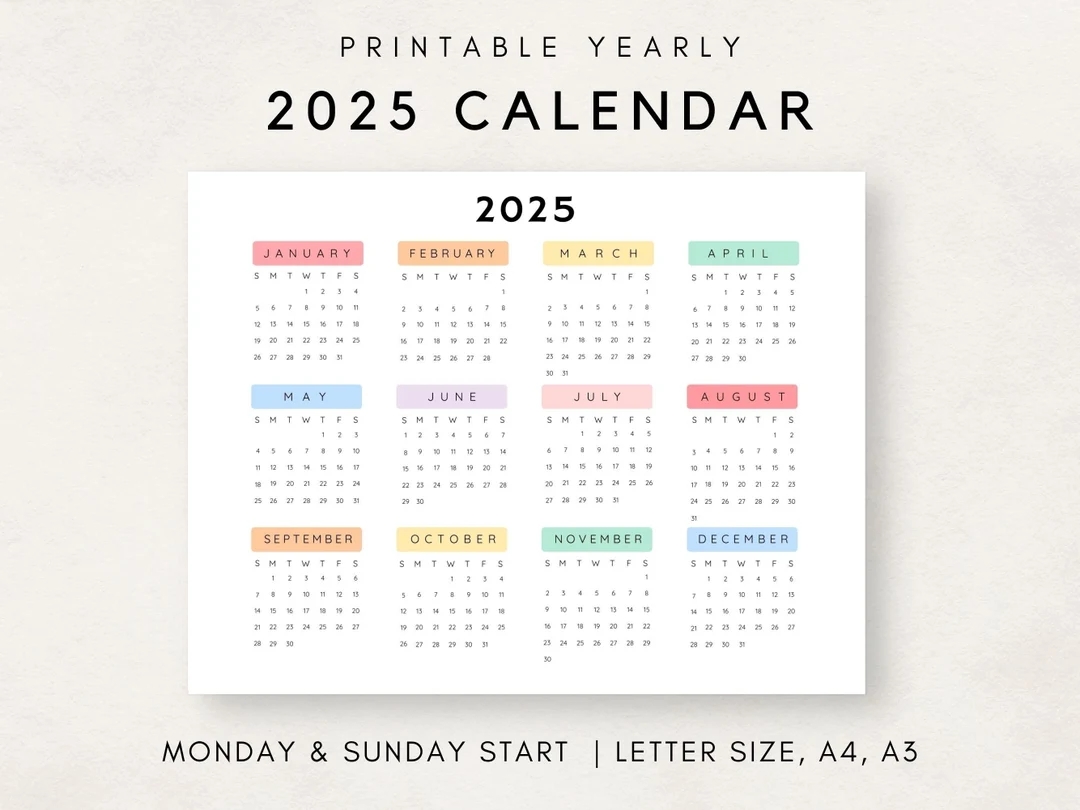 2025 Yearly Calendar Printable Calendar 2025 Calendar 2025 Digital Calendar Year At A Glance 2025 Annual Calendar Yearly Wall Calendar Etsy