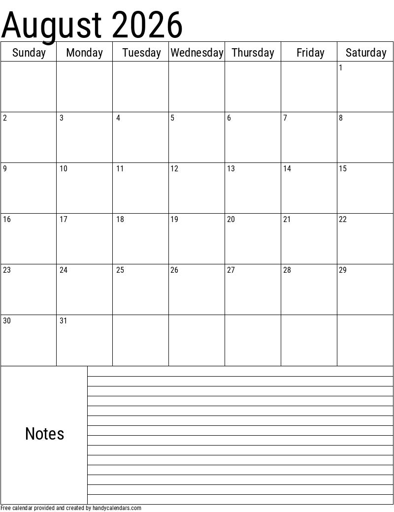 August 2026 Calendar Printable Cute