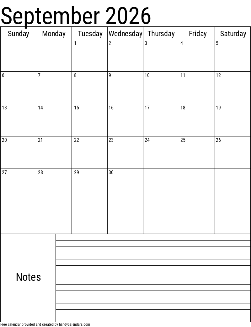 Blank Sept 2026 Calendar Printable