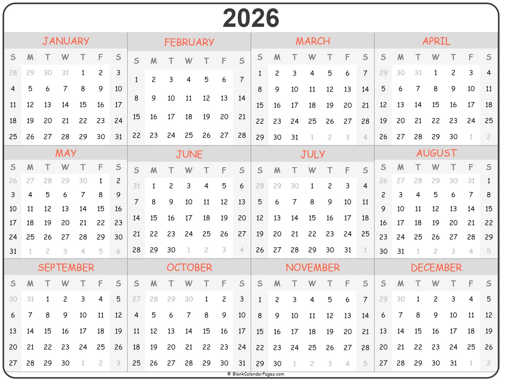 2026 year calendar yearly printable 2026 year calendar yearly printable