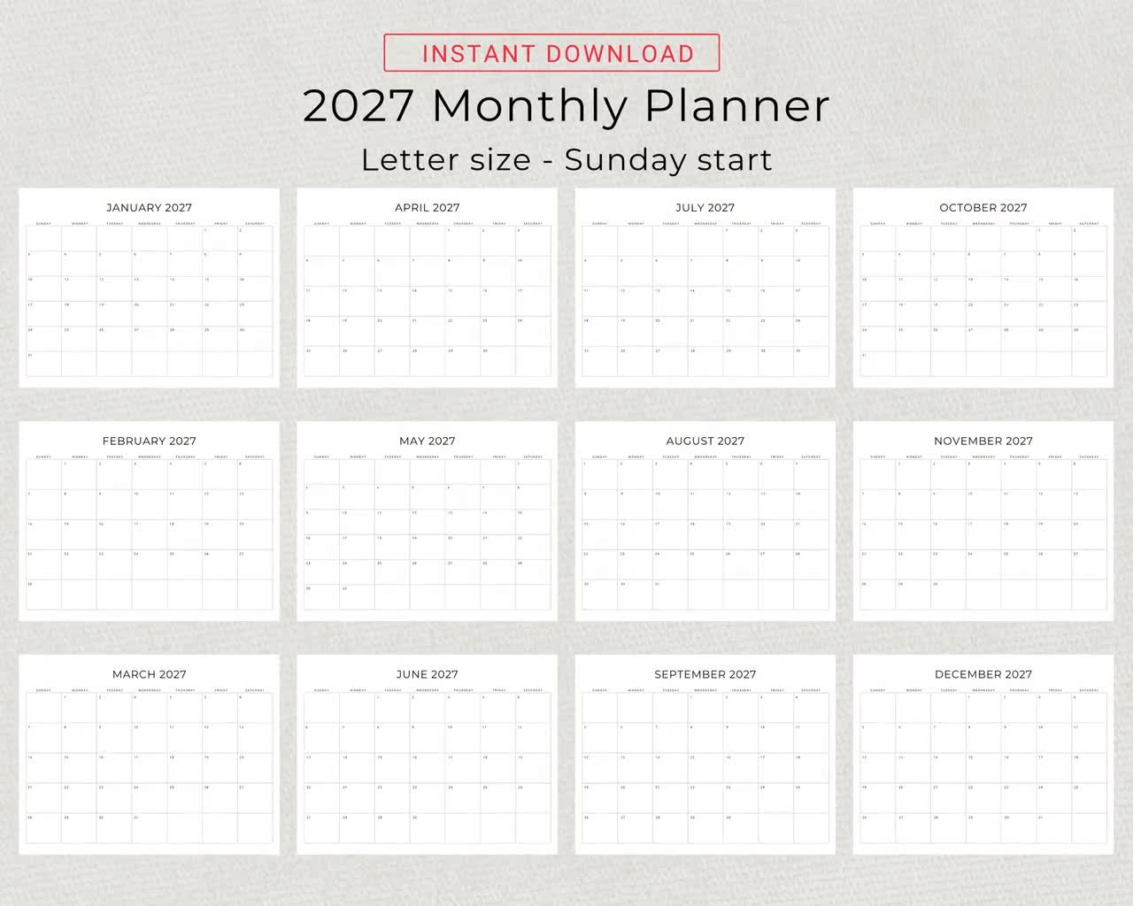 2027 Monthly Calendar 2027 Minimal Monthly Planner Landscape Sunday Monday Start A4 And Letter Size 2027 Calendar Print At Home PDF Etsy
