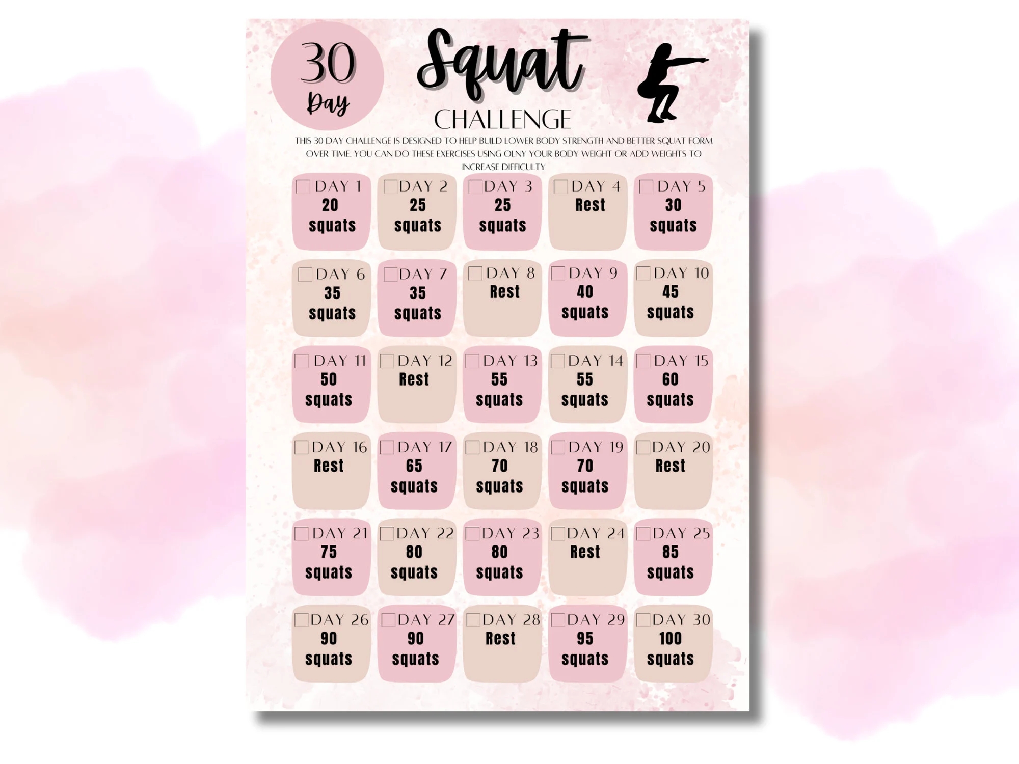30 Day Squat Challenge Printable Squats Challenge Fitness Planner Fitness Goal Planner Instant Download Etsy