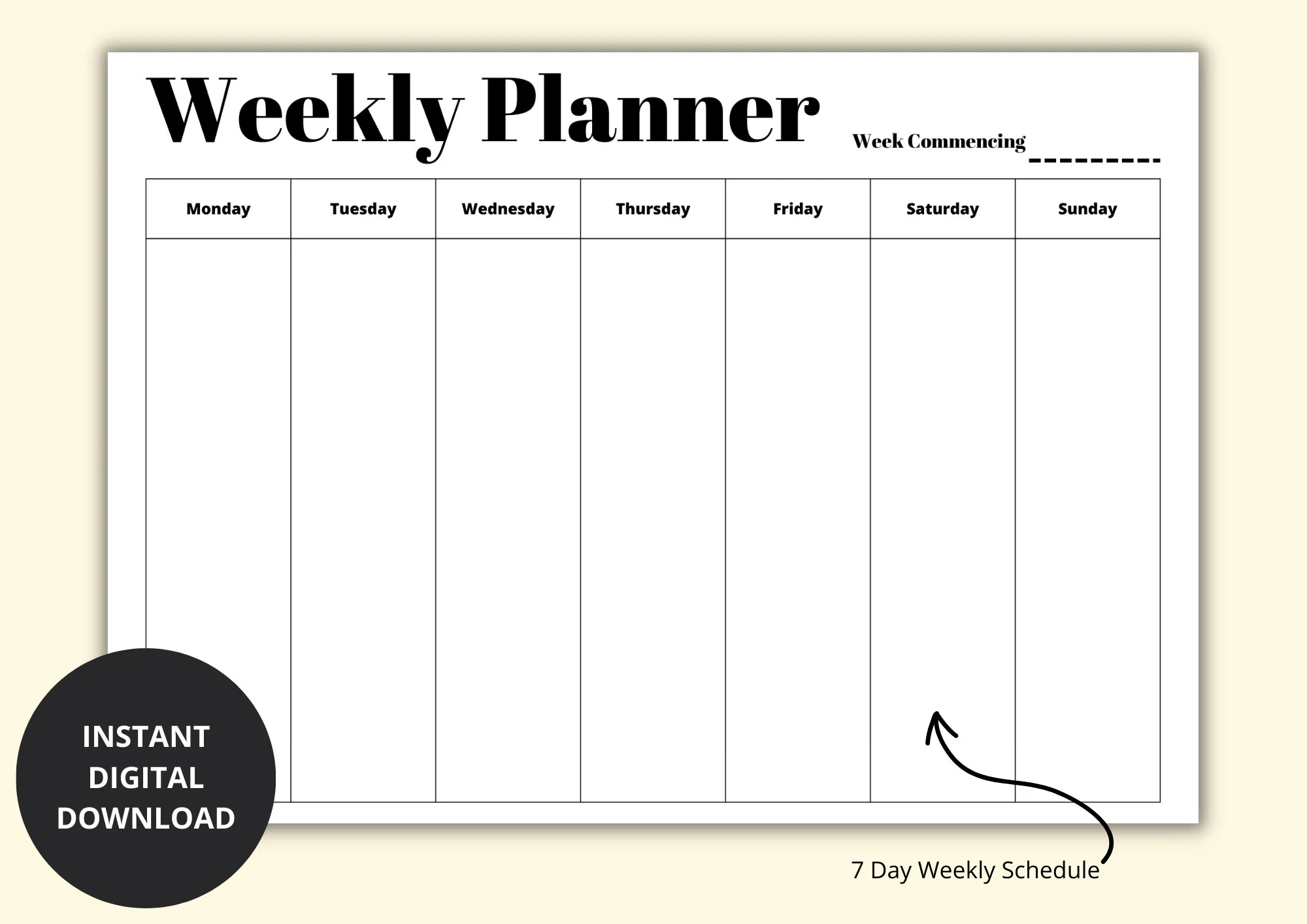Free Printable 7 Day Weekly Calendar
