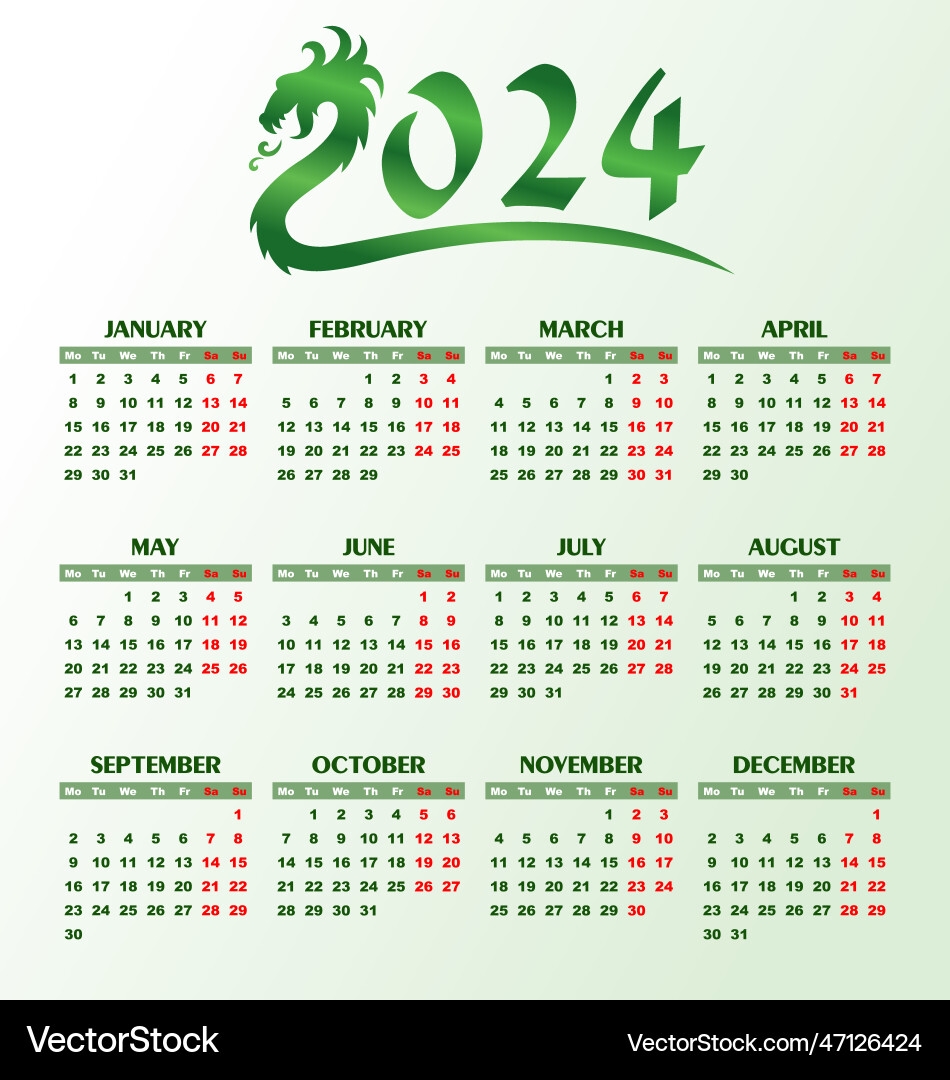 A Calendar Template For Year 2024 With Dragon Vector Image