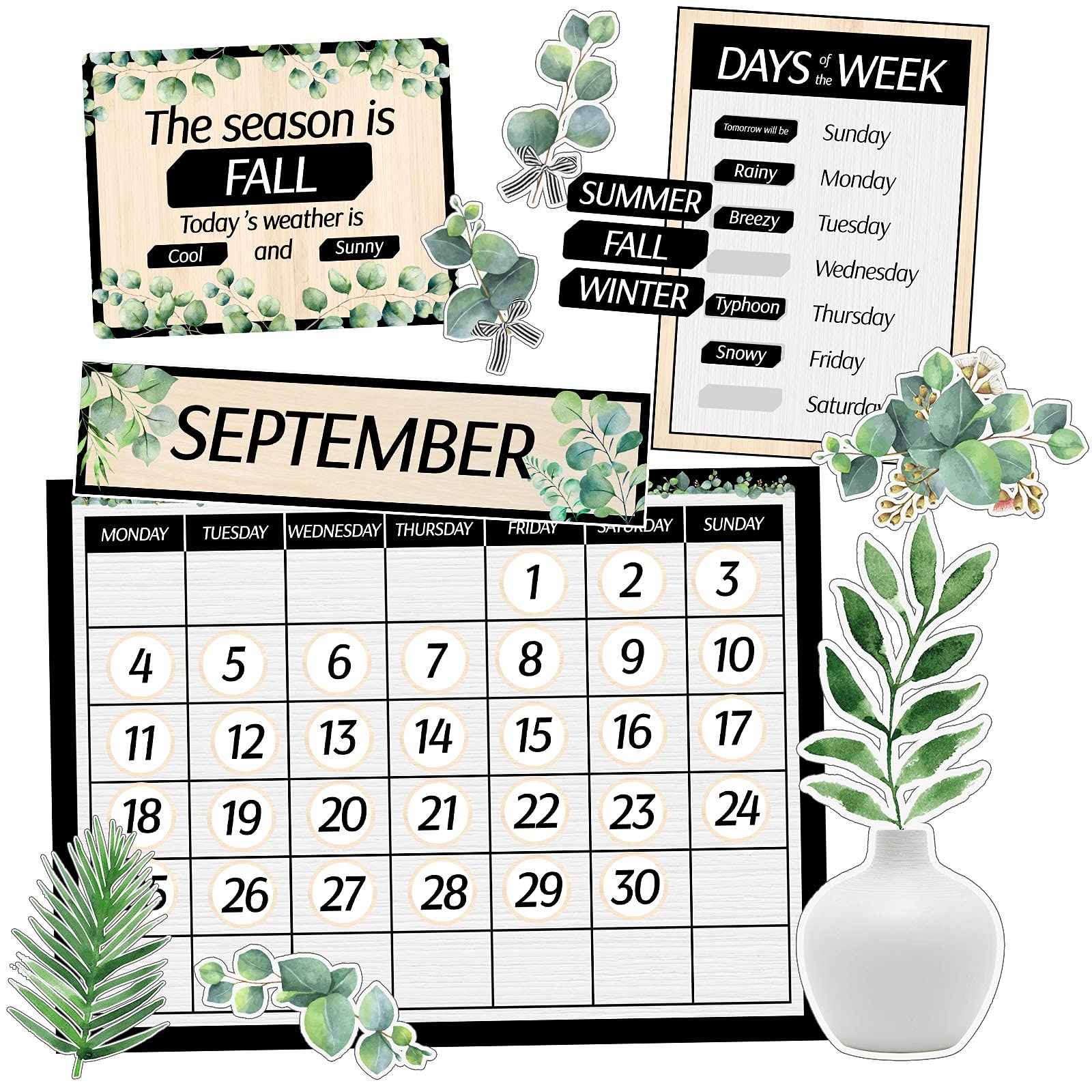 Amazon 100 Pcs Classroom Calendar Bulletin Board Set Greenery Eucalyptus Teacher Calendar Bulletin Board Set With Numbers Month Weather Classroom Decor Office Products