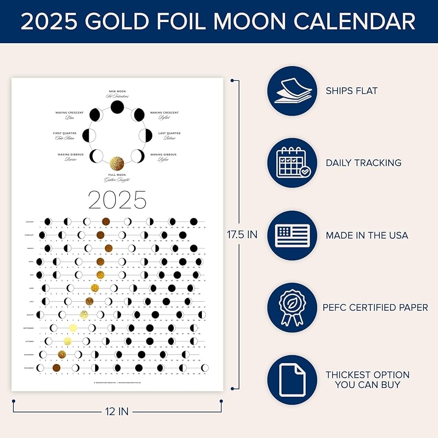 Amazon 2025 Moon Phase Calendar SHIPS FLAT Hangable Gold Lunar Wall Poster Great As A Unique Gift Moon Tracking Wall D cor Art Astrology Decorations A Celestial Calendar 