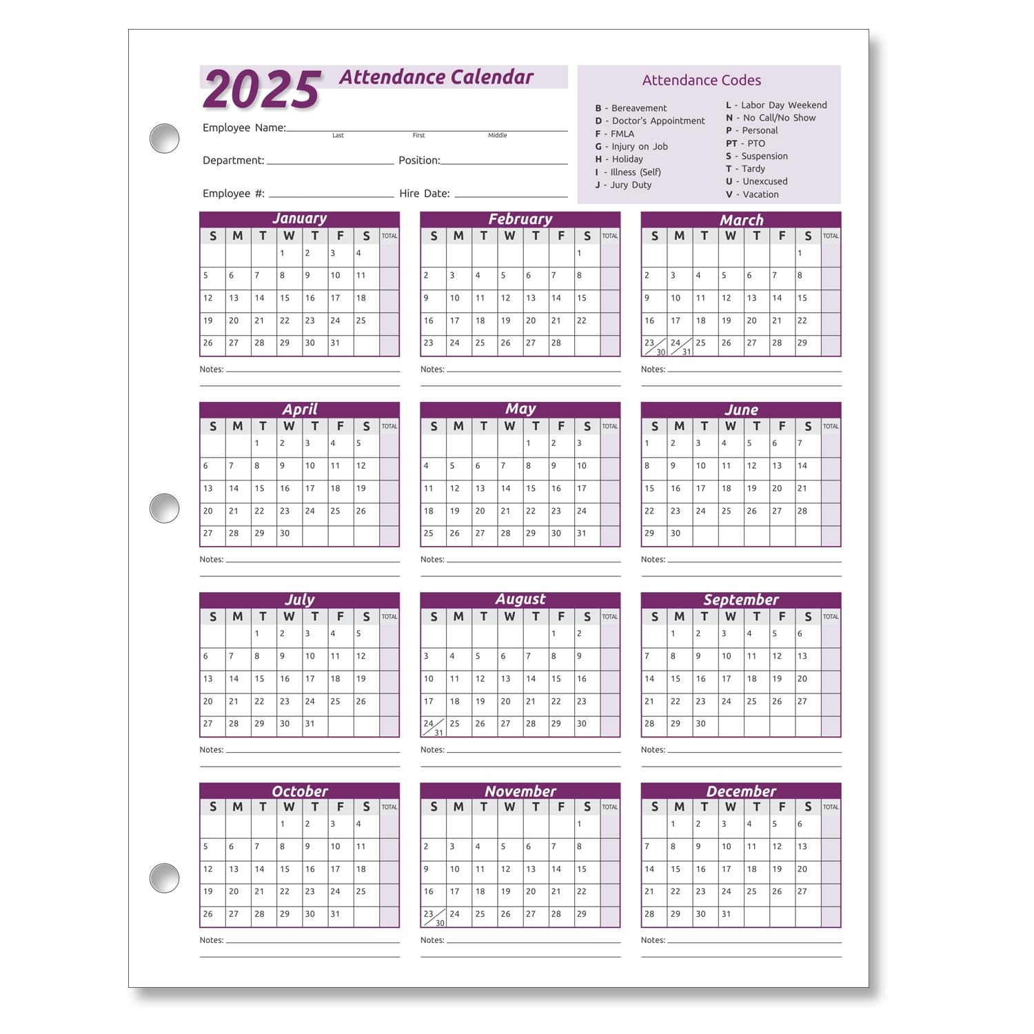 Free Printable Attendance Calendar 2025