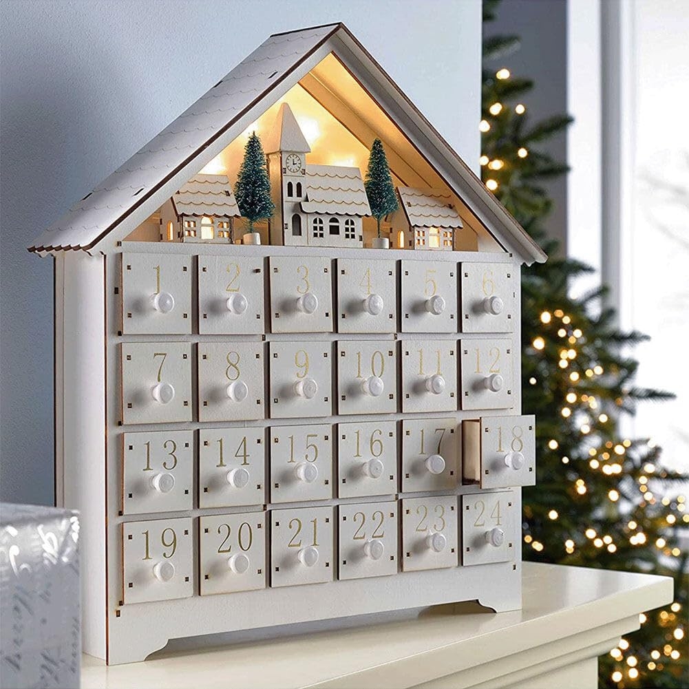 Amazon Christmas Wooden Advent Calendar With 24 Storage Drawers And LED Xmas Countdown Calendar Decoration Reusable Advent Calendar DIY For Adults Kids Gifts Holiday Decoration A Home Kitchen