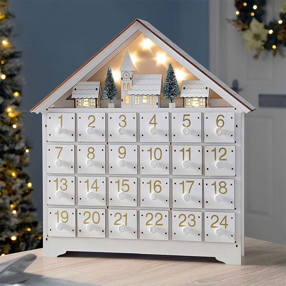 Amazon Christmas Wooden Advent Calendar With 24 Storage Drawers And LED Xmas Countdown Calendar Decoration Reusable Advent Calendar DIY For Adults Kids Gifts Holiday Decoration A Home Kitchen