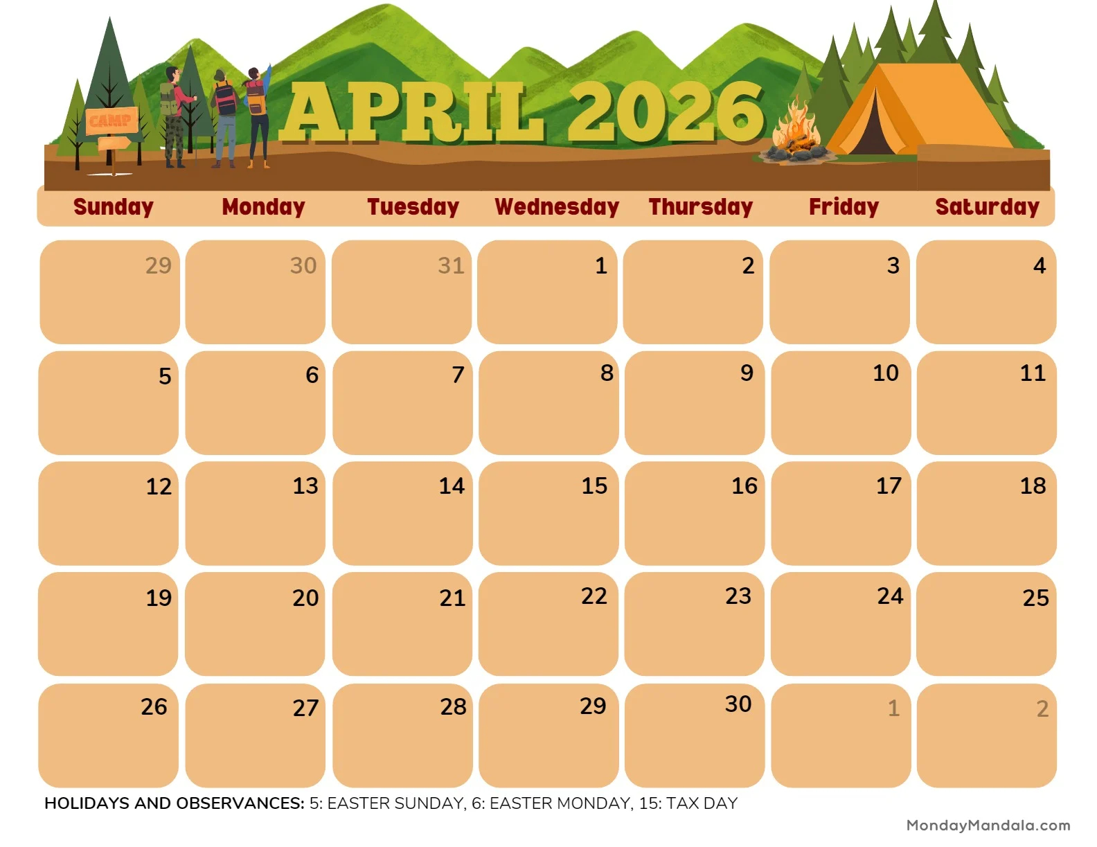 April 2026 Calendar With Holidays Printable Free