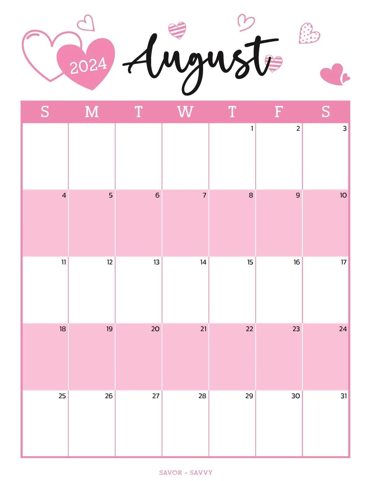 August Calendar Printable