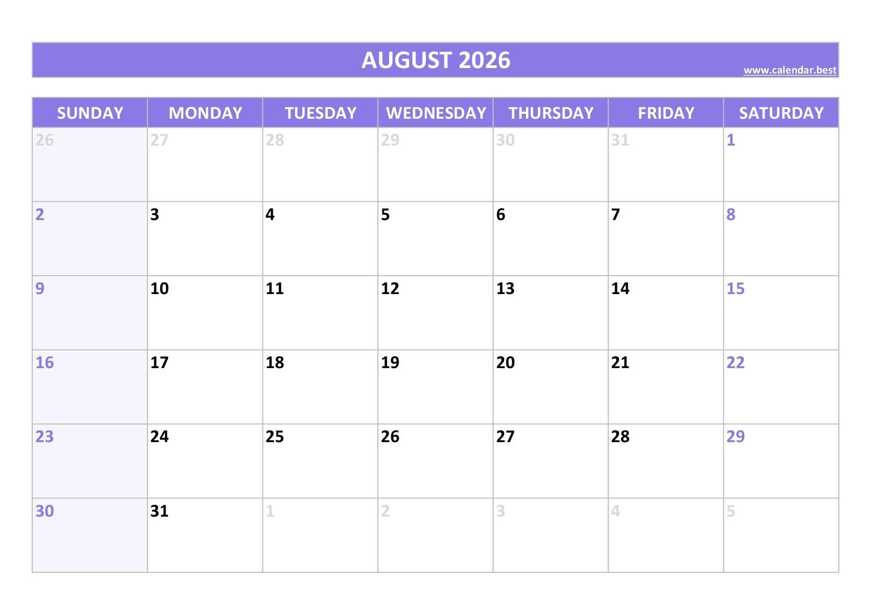 Printable August 2026 Calendar With Lines