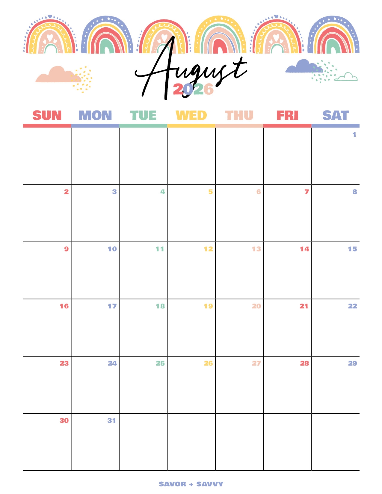 August 2026 Calendar Templates 14 Free Printables Savor Savvy