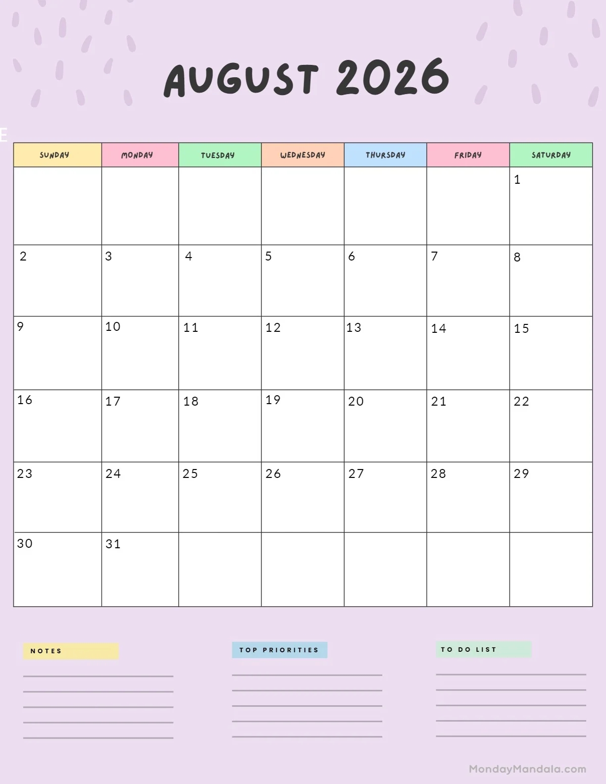 Free Printable August 2026 Calendar