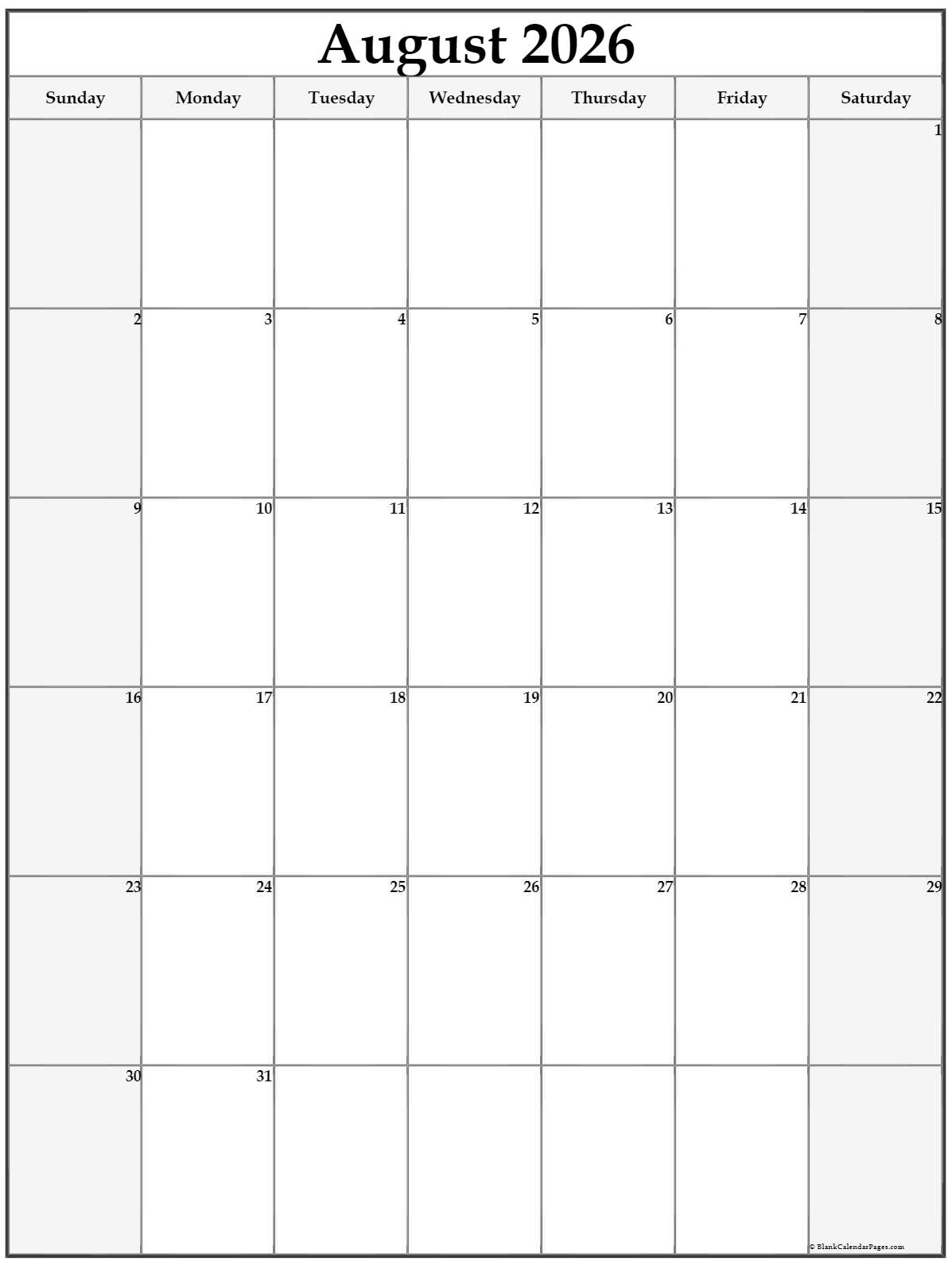 August 2026 Vertical Calendar Portrait