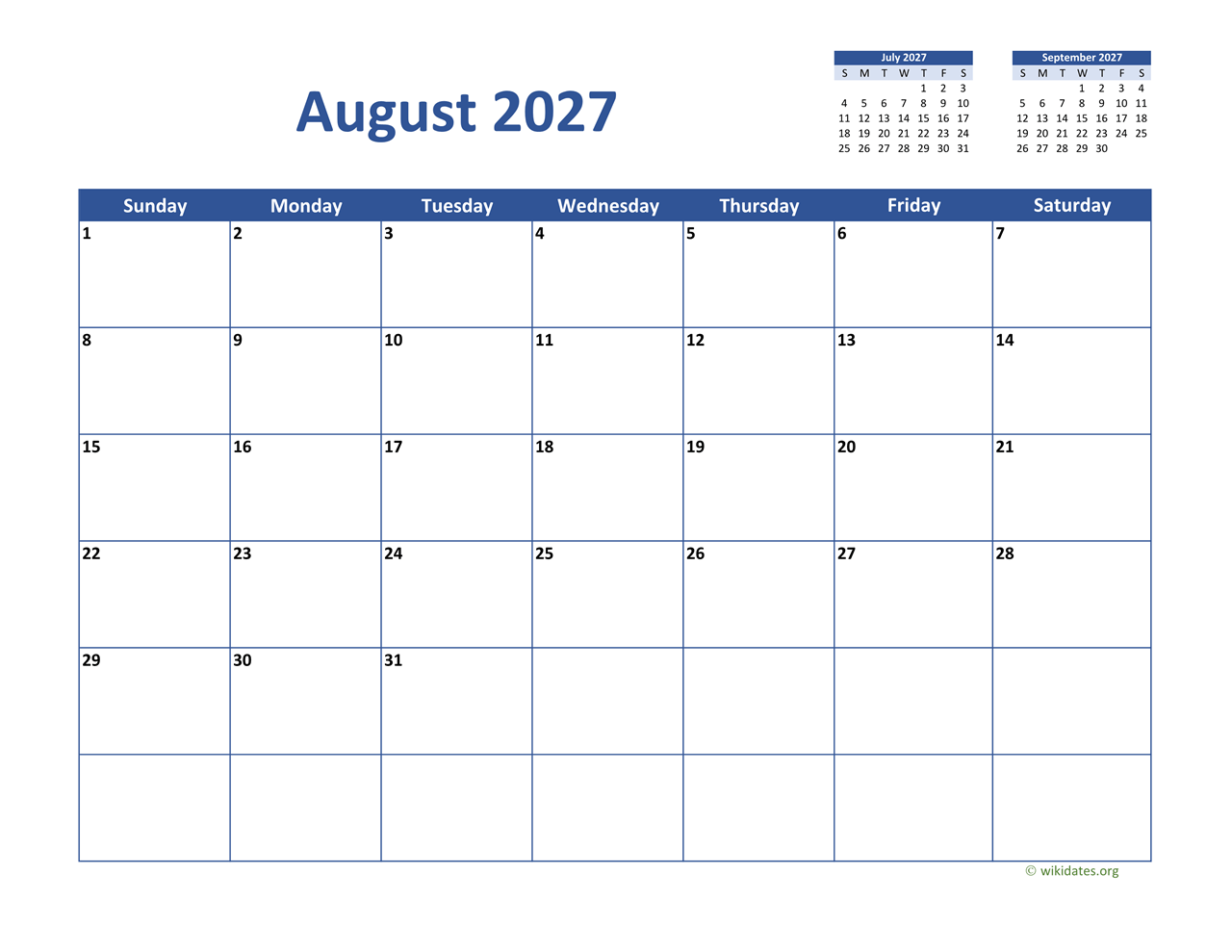 August 2027 Calendar Classic WikiDates