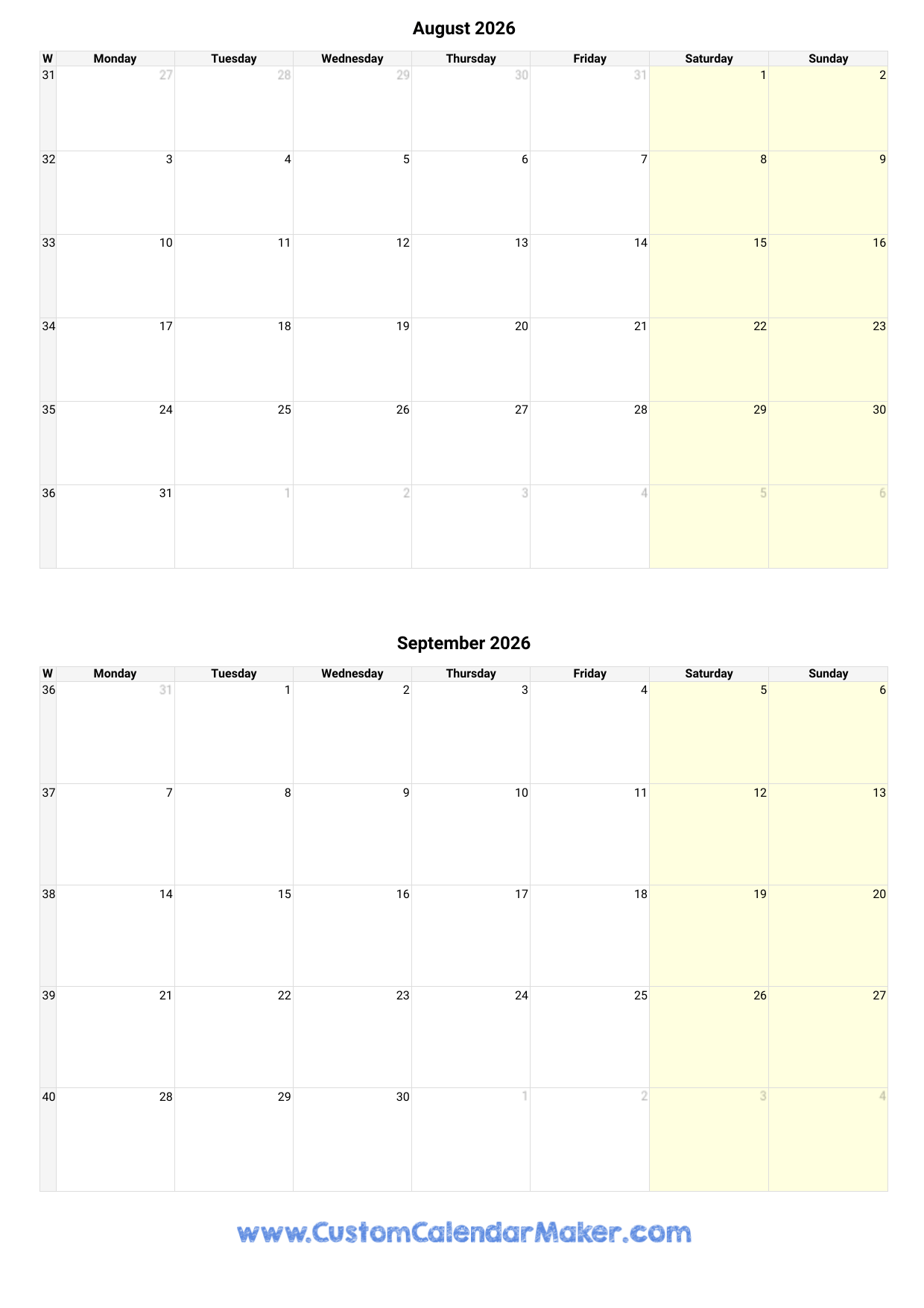 August And September 2026 Calendar Custom Calendar Maker