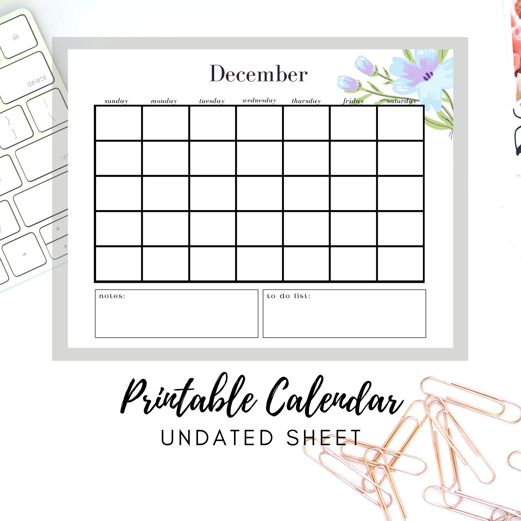 BEST VALUE December Printable Undated Calendar Sheet Instant Download Undated December Calendar Desk Notes DIY Printable Blank Calendar Etsy