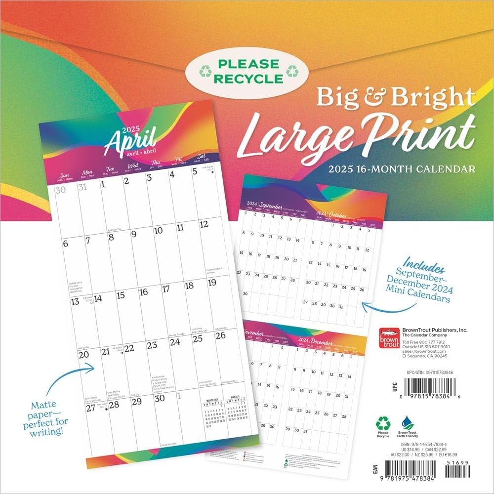 Big Bright Large Print 2025 12 X 24 Inch Monthly Square Wall Calendar Matte Paper Plastic Free BrownTrout Easy To See Large Font BrownTrout BrownTrout Publishers Inc 9781975478384 Amazon Books