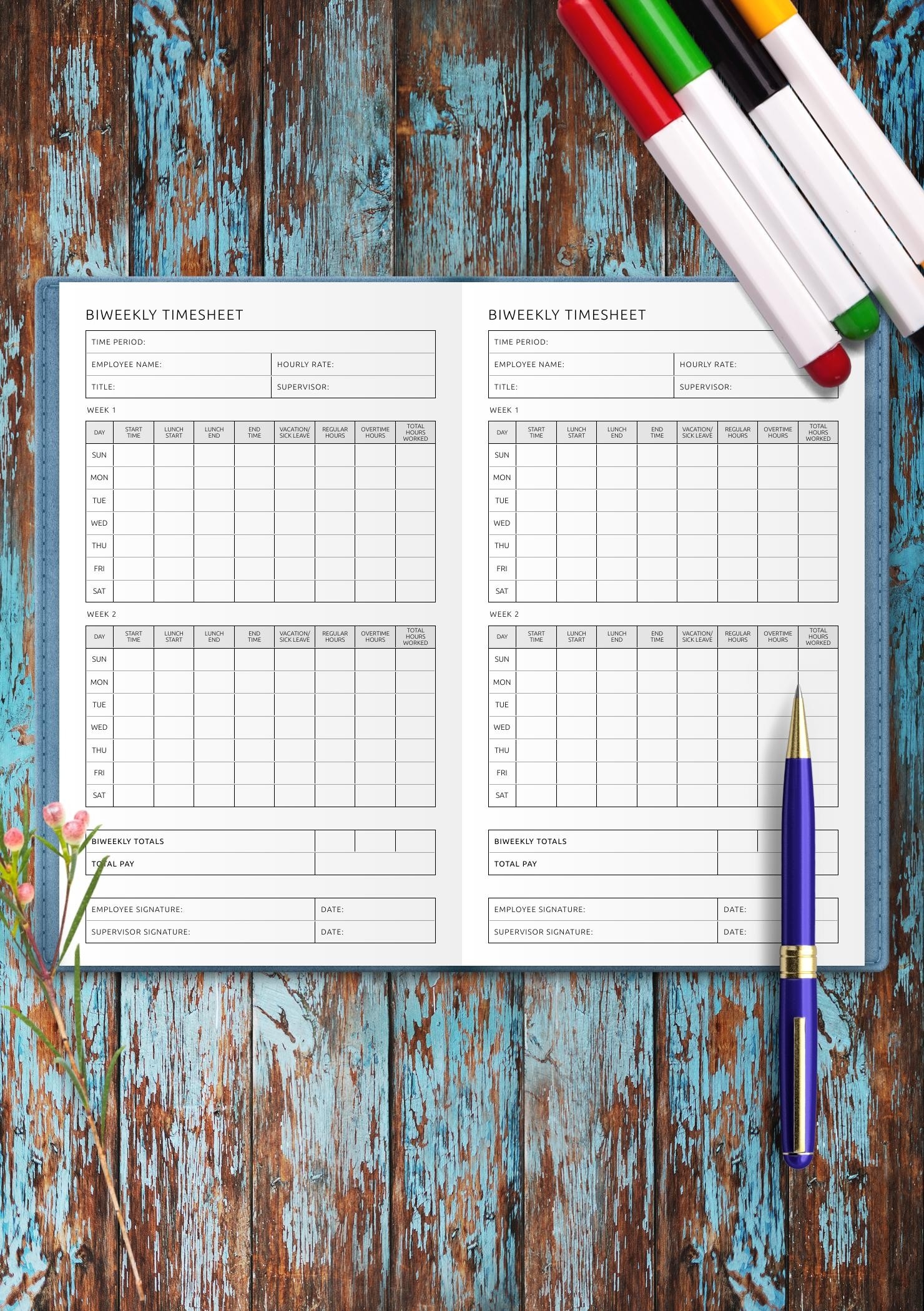 Biweekly Timesheet Template Digital Printable PDF Format