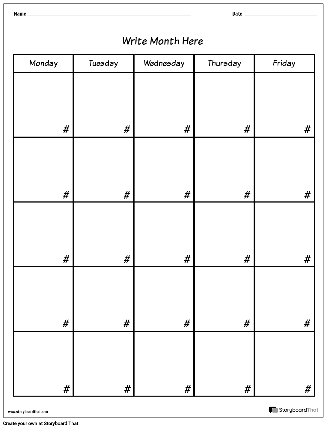 Blank 5 Day Custom Calendar Template Storyboard