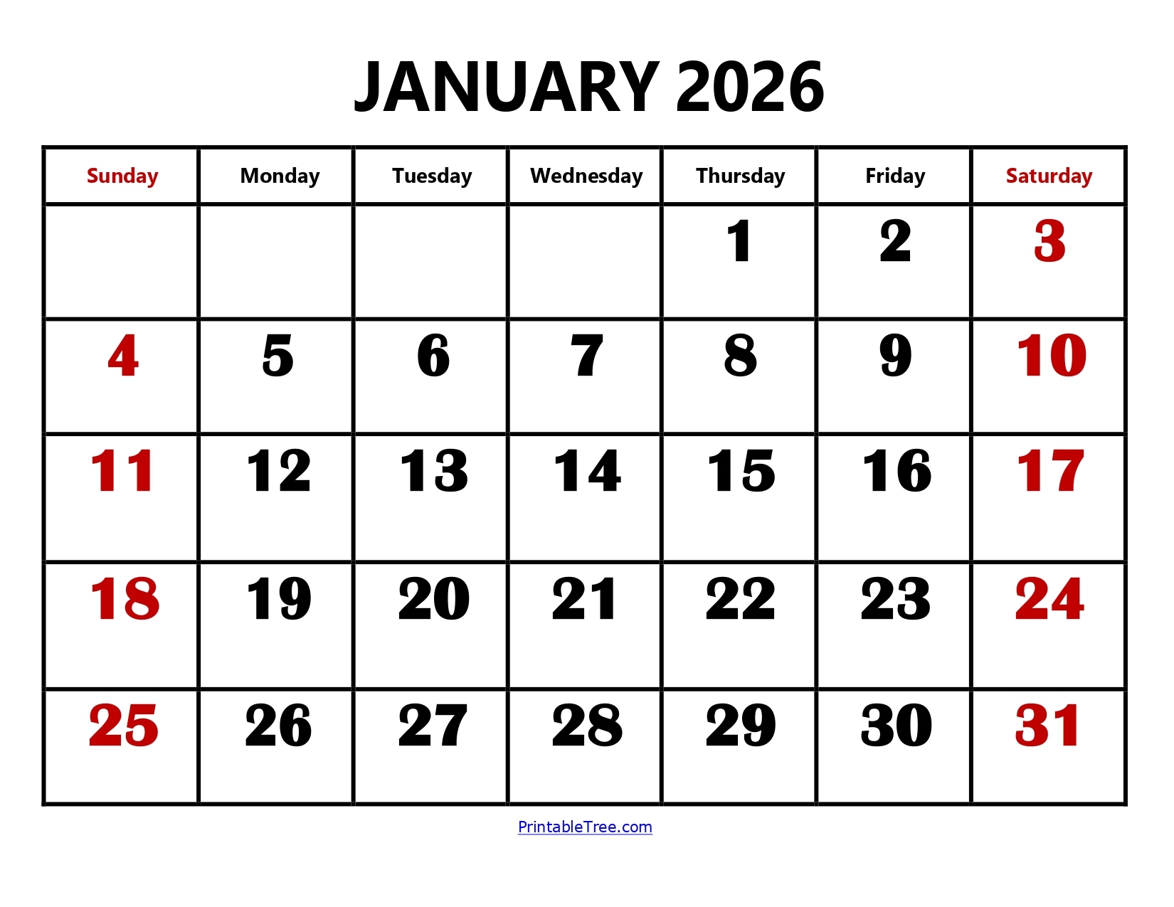 Free January 2026 Printable Calendar