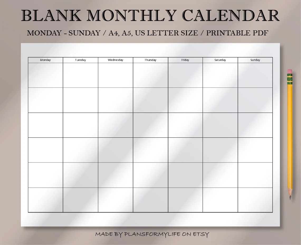 Blank Monthly Calendar Printable Landscape Minimalist Calendar Template Desk Calendar Wall Calendar a4 a5 us Letter Instant Download PDF Etsy